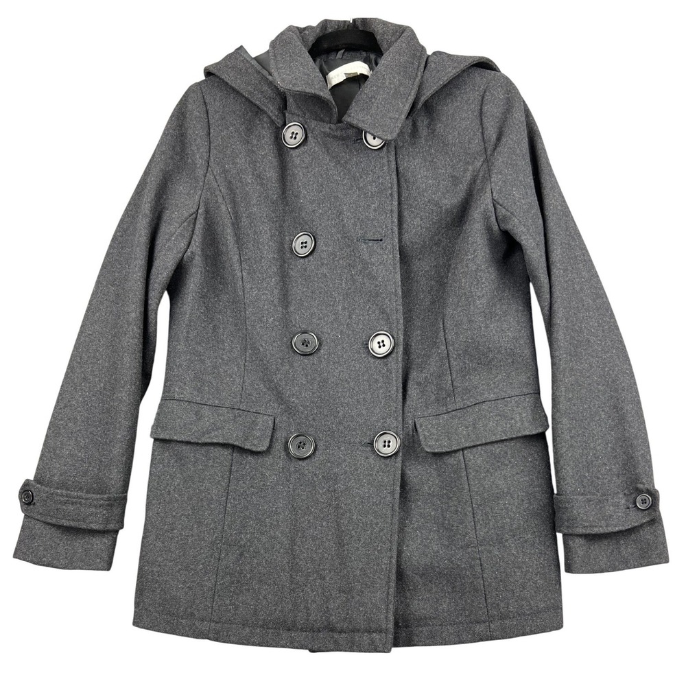 New York & Company Pea Coat Womens Small Wool Blend Hooded Gray Button Up Good